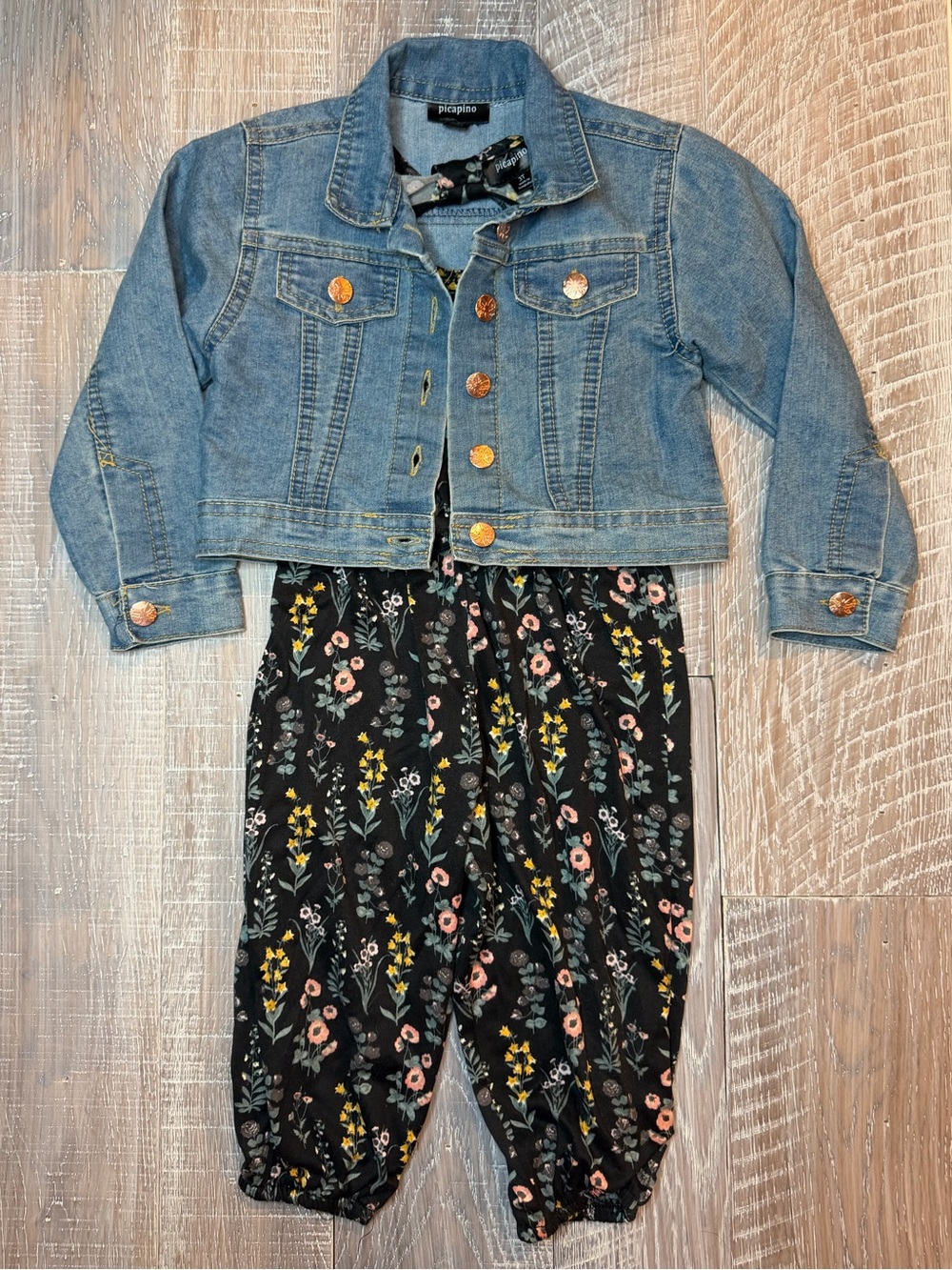 Picapino Black Floral Romper with Denim Jacket